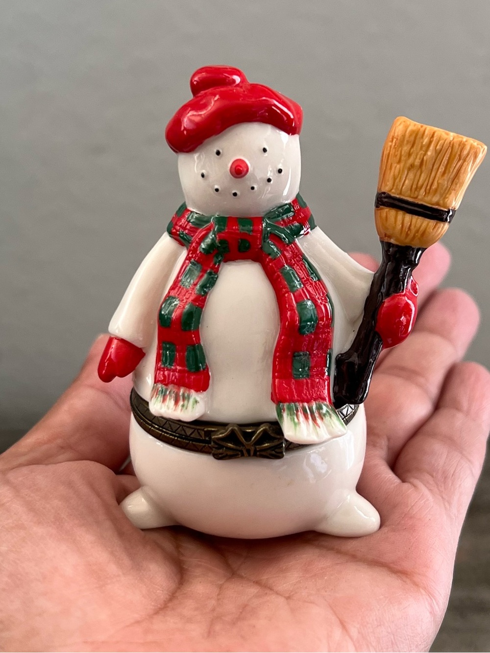 Vintage Porcelain Hinged Snowman Trinket Box with Christmas Gift surprise